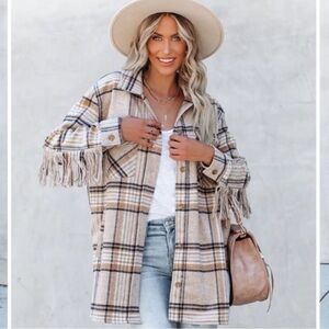 Fore Plaid Button Up Shacket with Fringe Detail Boho Western Classic Fall Small